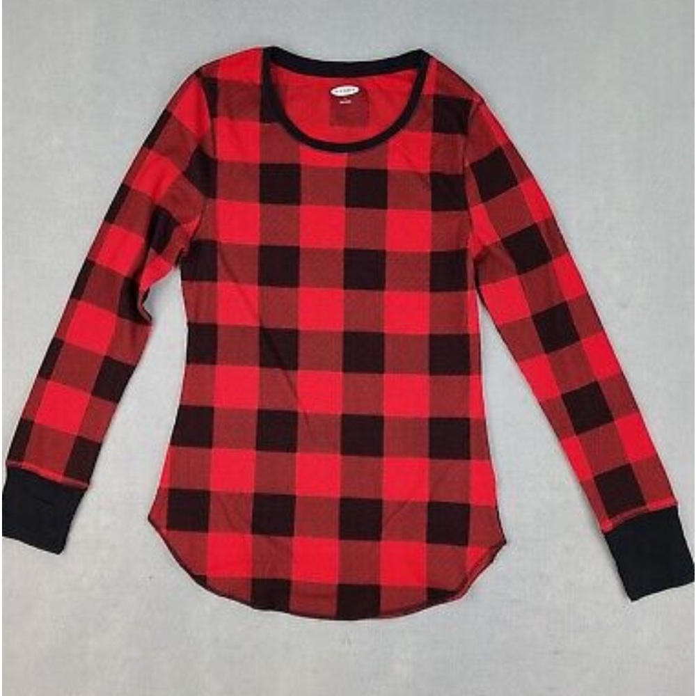 NEW Old Navy Womens Thermal Blouse Red Black Buffalo Plaid Crew Neck Stretch